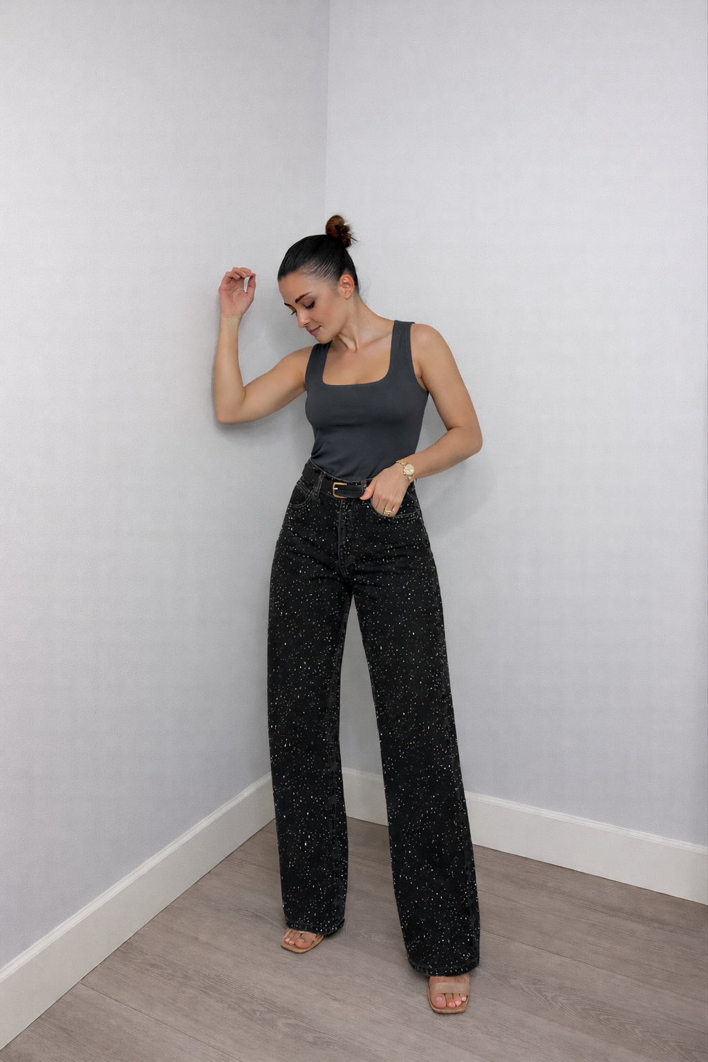 Denim Glitter Detail Straight Leg High Waist Jeans for Women | Casual Wear