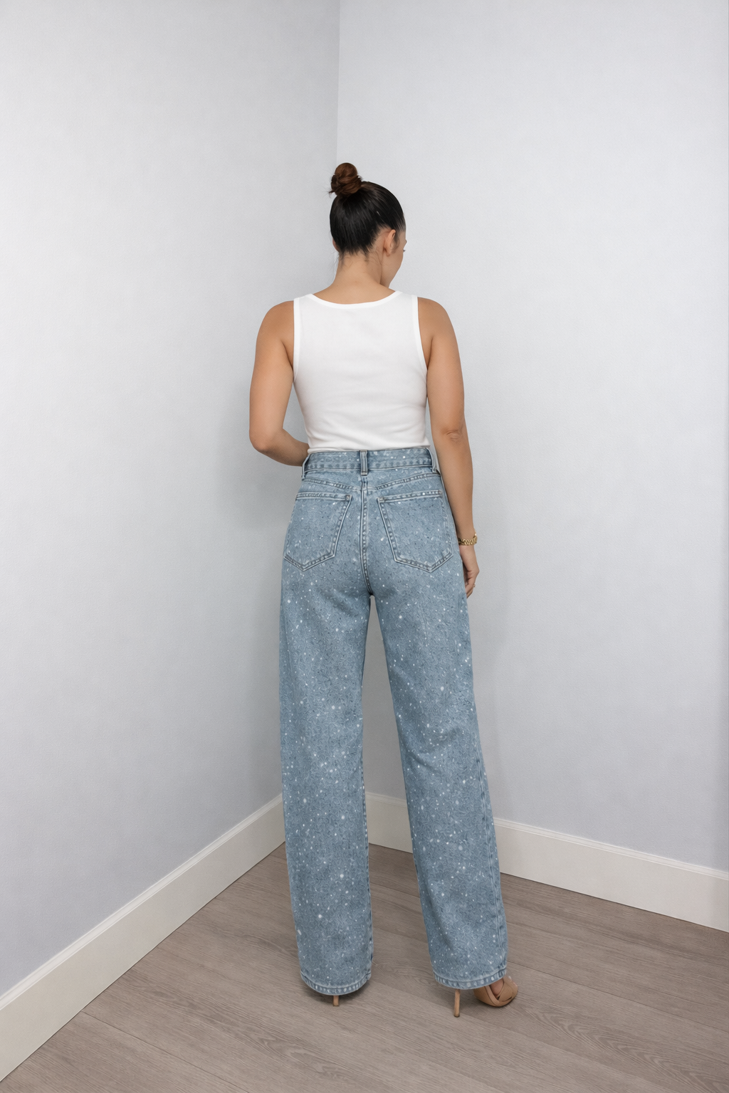 Denim Glitter Detail Straight Leg High Waist Jeans for Women | Casual Wear