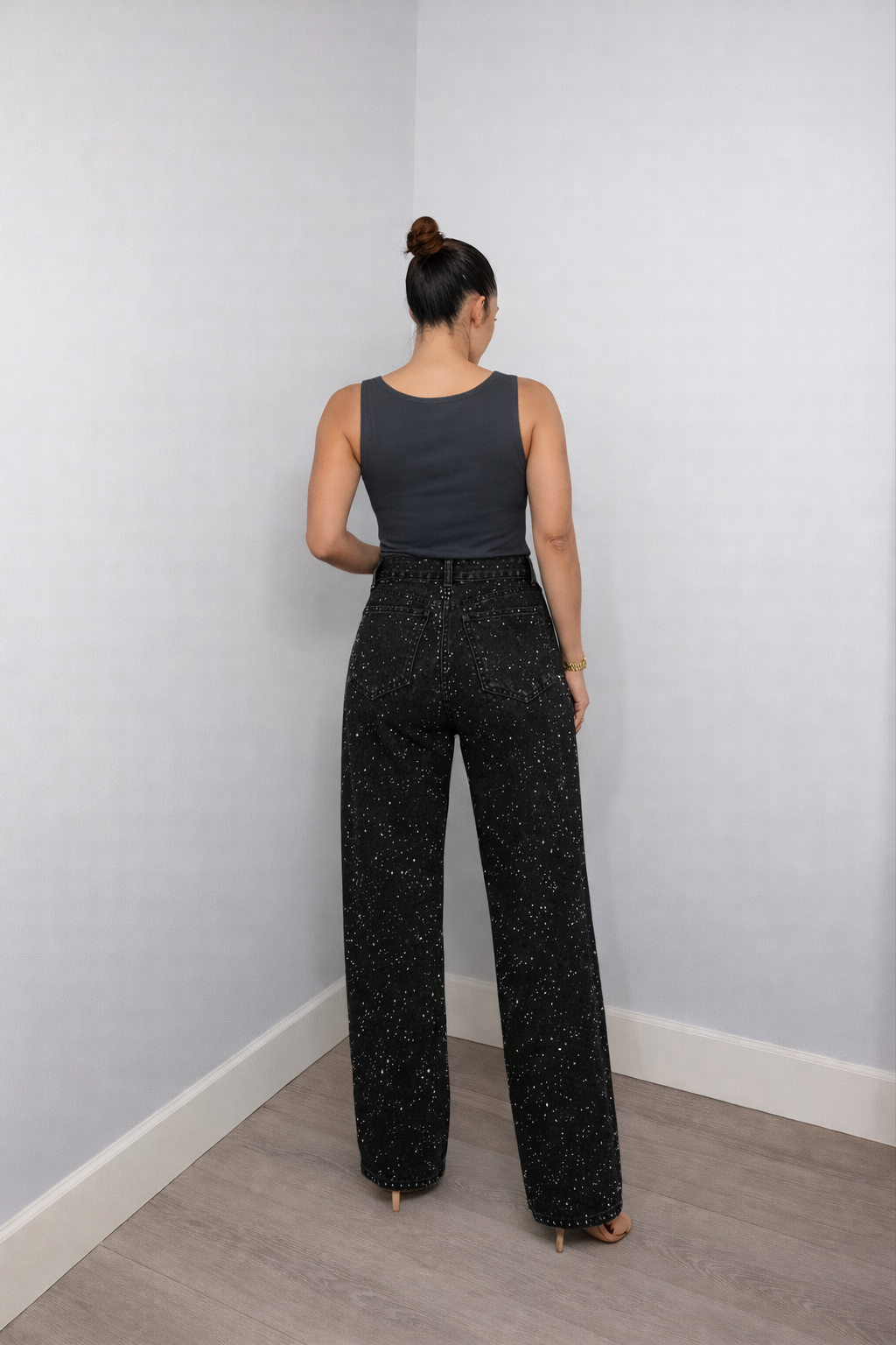 Denim Glitter Detail Straight Leg High Waist Jeans for Women | Casual Wear
