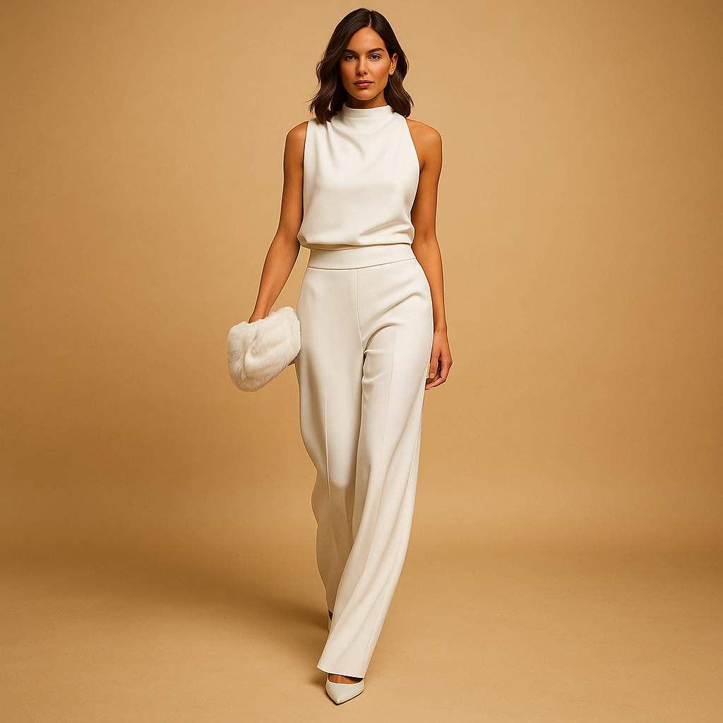 Halter Neck Wide Leg High Waist Sleeveless Jumpsuit for Women | Bow and Pockets