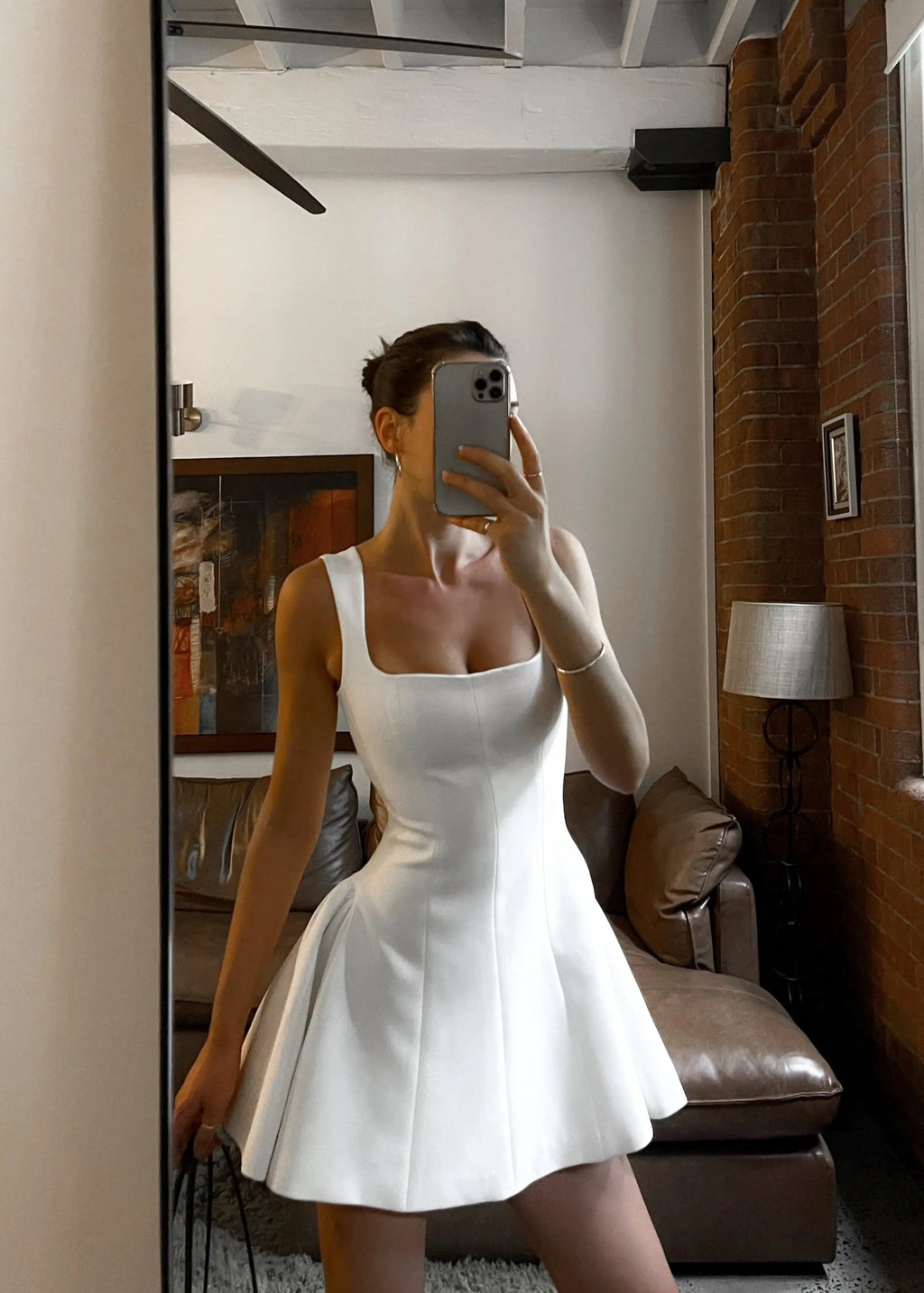 White Square Neck Fit and Flare Mini Dress for Women | Casual Party Wear
