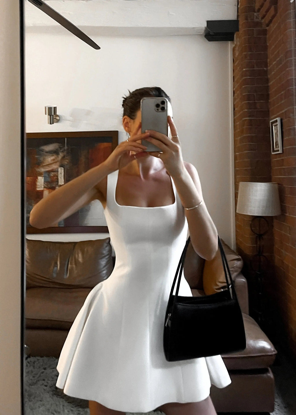 White Square Neck Fit and Flare Mini Dress for Women | Casual Party Wear