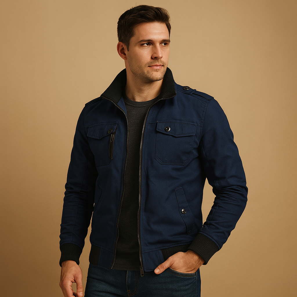 High Collar Zip Front Bomber Jacket with Side Pockets for Men | Spring Fall