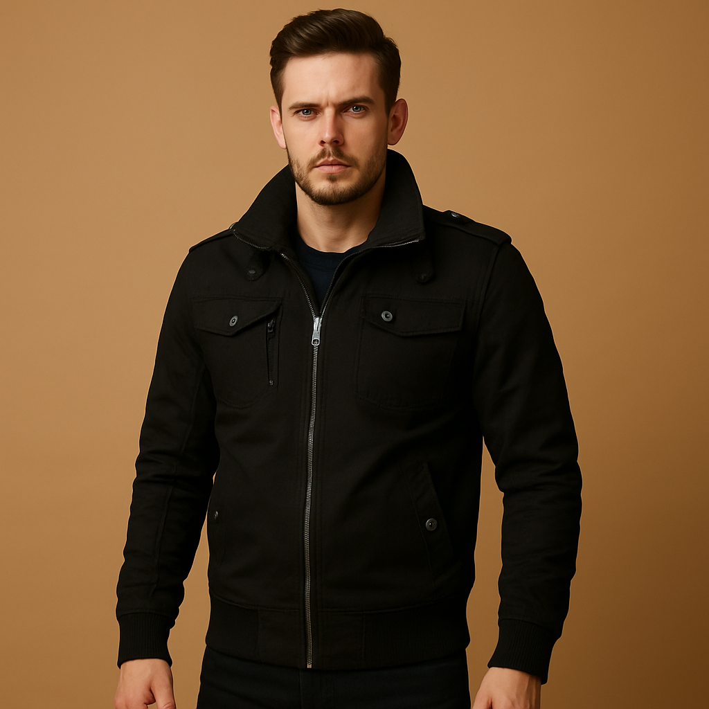 High Collar Zip Front Bomber Jacket with Side Pockets for Men | Spring Fall