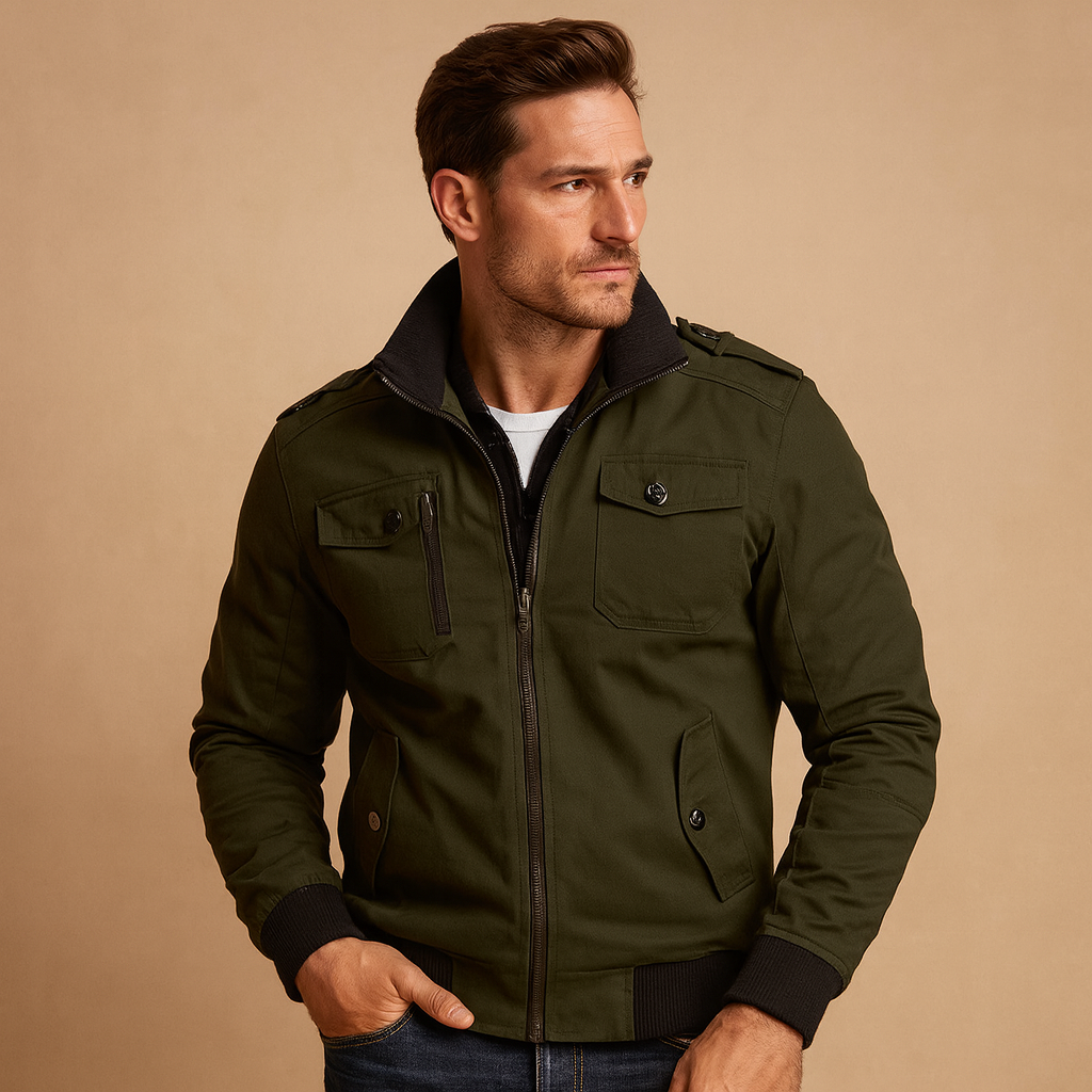 High Collar Zip Front Bomber Jacket with Side Pockets for Men | Spring Fall