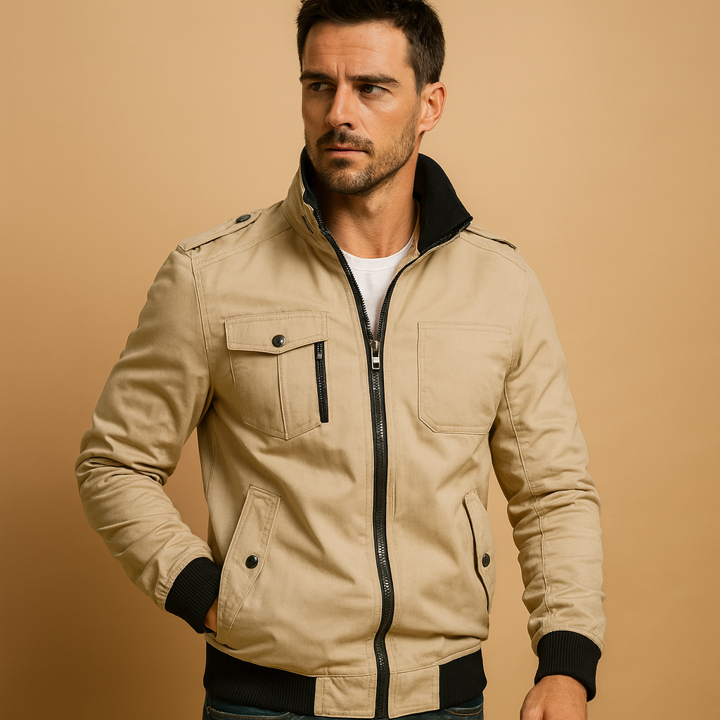 High Collar Zip Front Bomber Jacket with Side Pockets for Men | Spring Fall