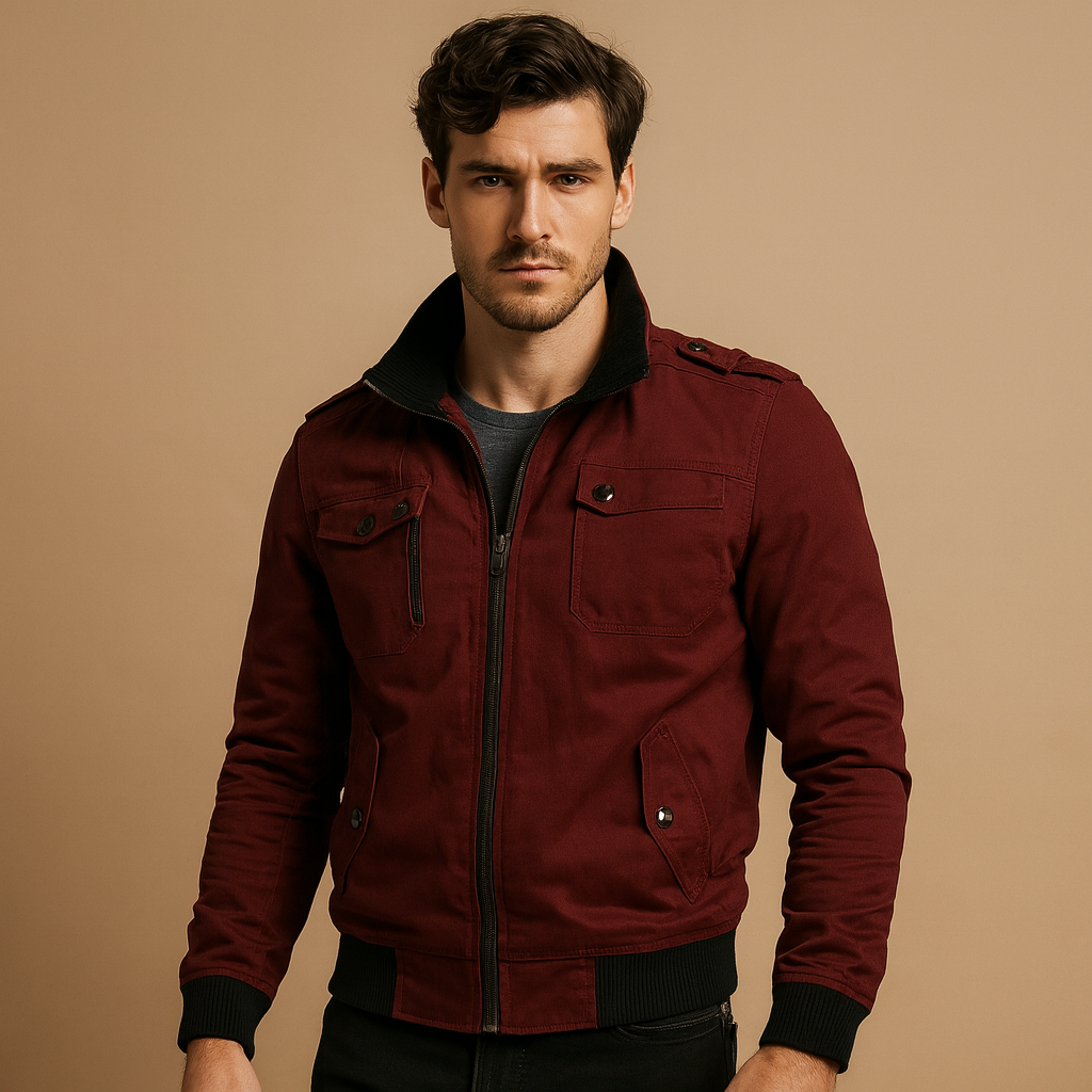 High Collar Zip Front Bomber Jacket with Side Pockets for Men | Spring Fall