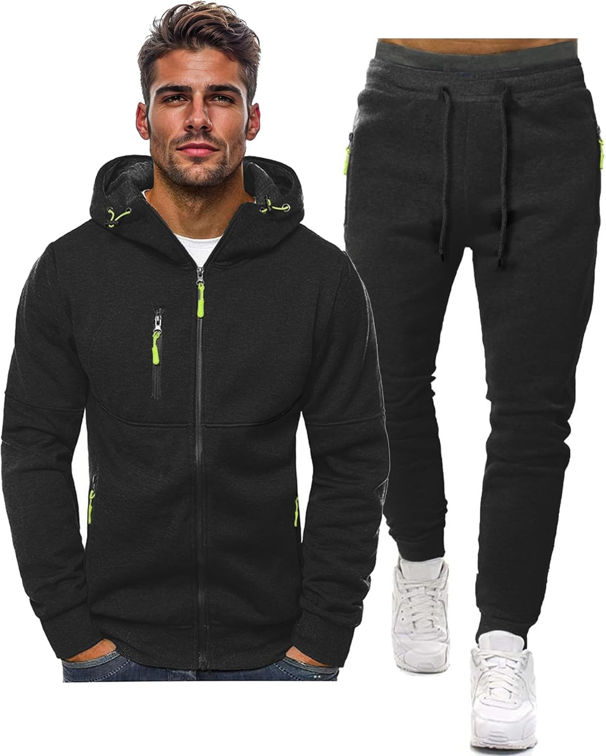 Black Zip Up Hoodie and Jogger Sweatpants Set for Men | Casual Loungewear