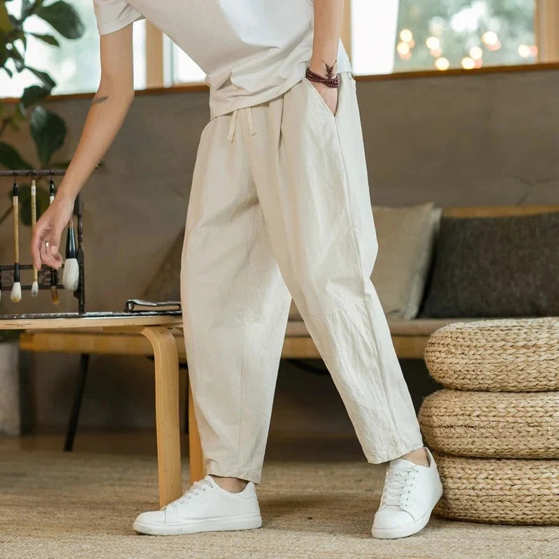 Linen Blend Tapered Cropped Pants with Adjustable Drawstring Waist for Men