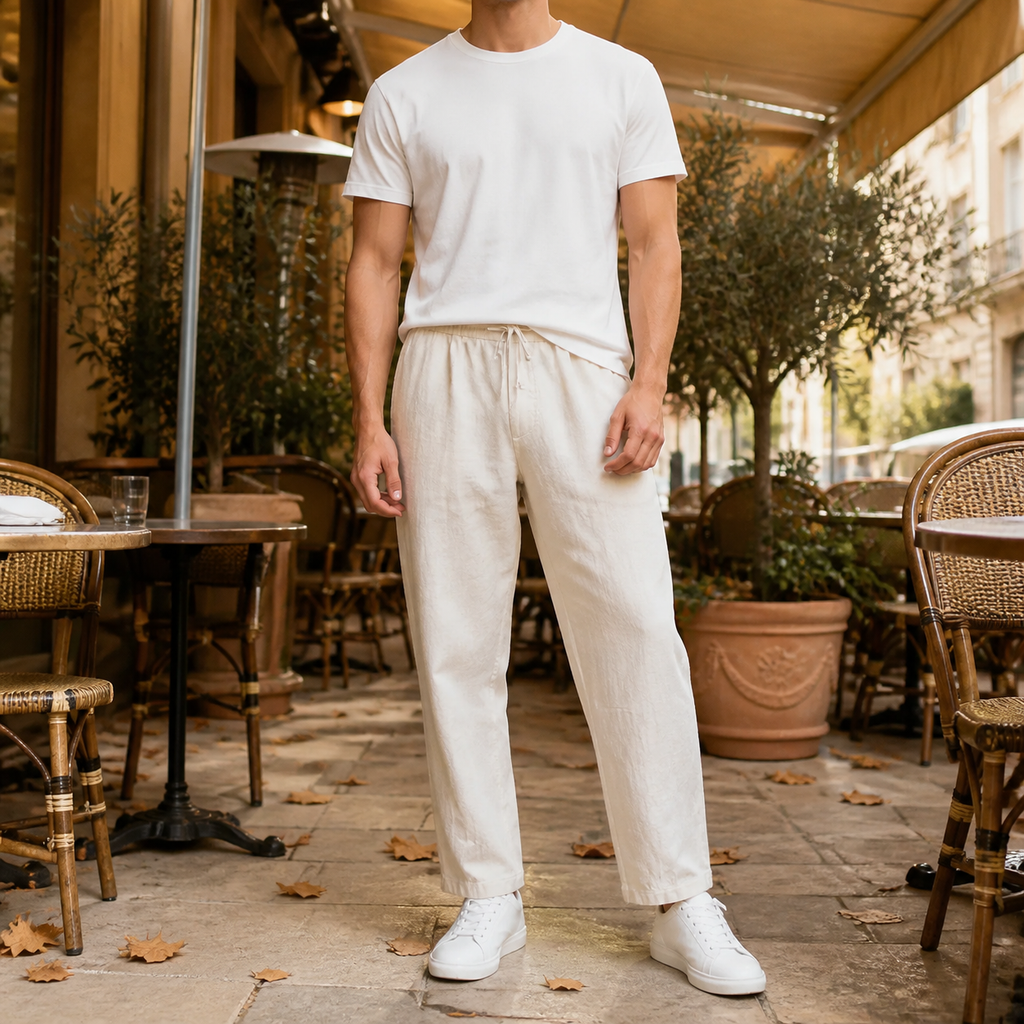 Linen Blend Tapered Cropped Pants with Adjustable Drawstring Waist for Men