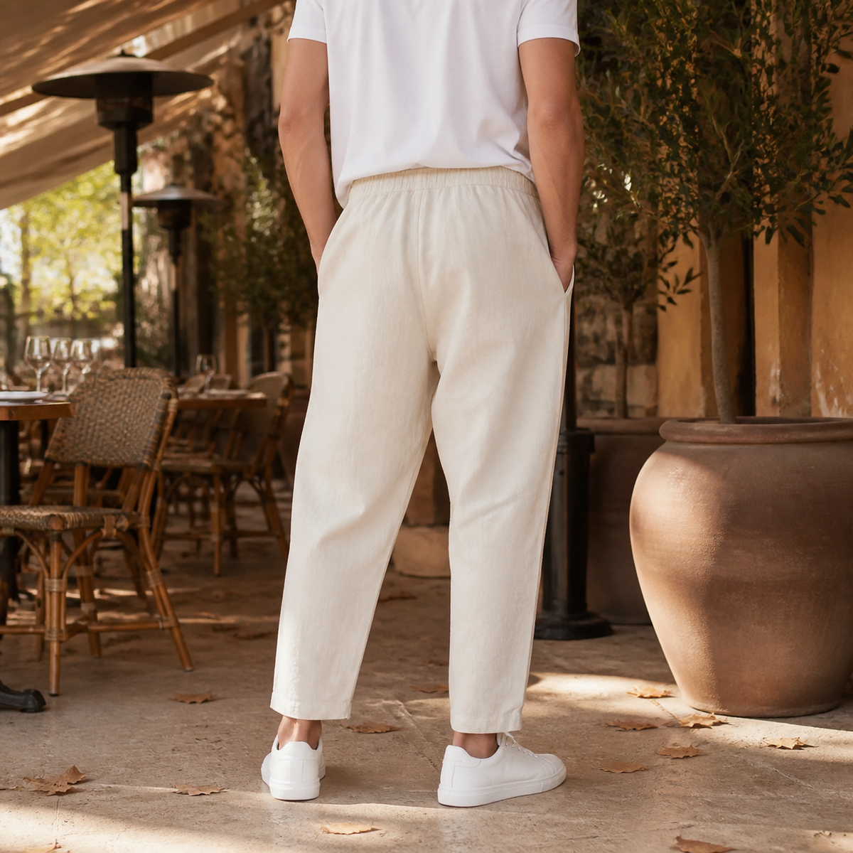 Linen Blend Tapered Cropped Pants with Adjustable Drawstring Waist for Men