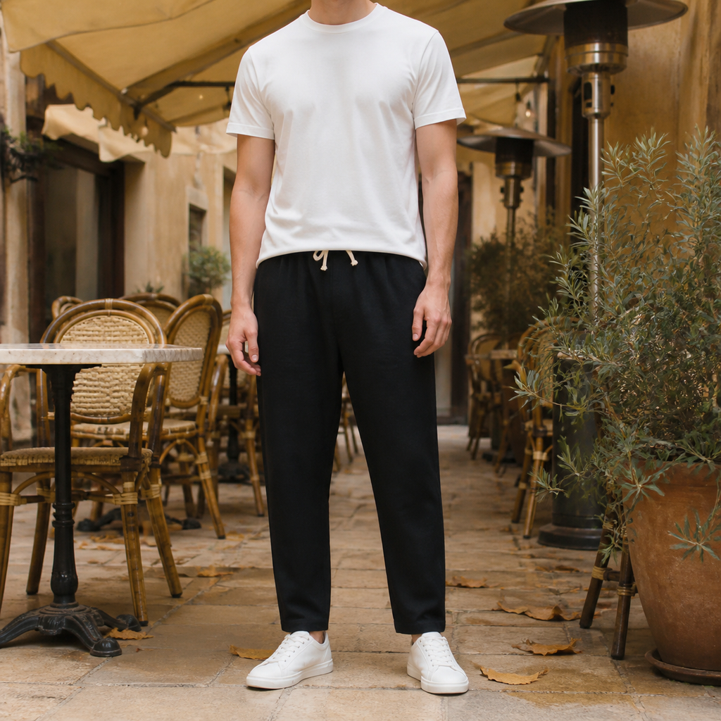 Linen Blend Tapered Cropped Pants with Adjustable Drawstring Waist for Men