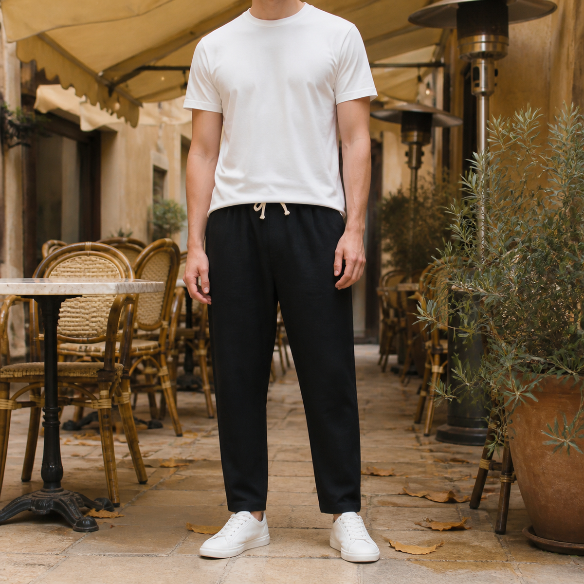 Linen Blend Tapered Cropped Pants with Adjustable Drawstring Waist for Men