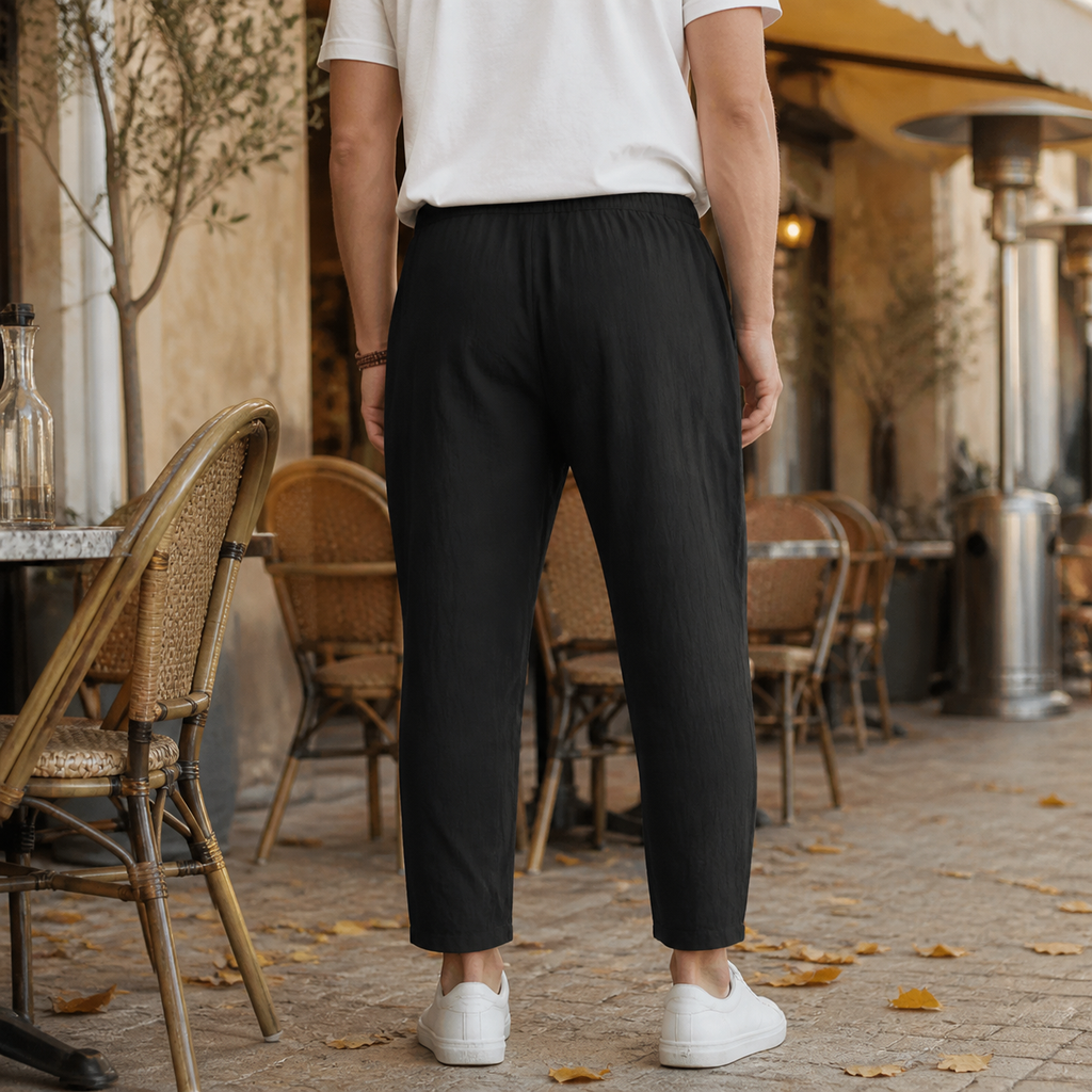 Linen Blend Tapered Cropped Pants with Adjustable Drawstring Waist for Men