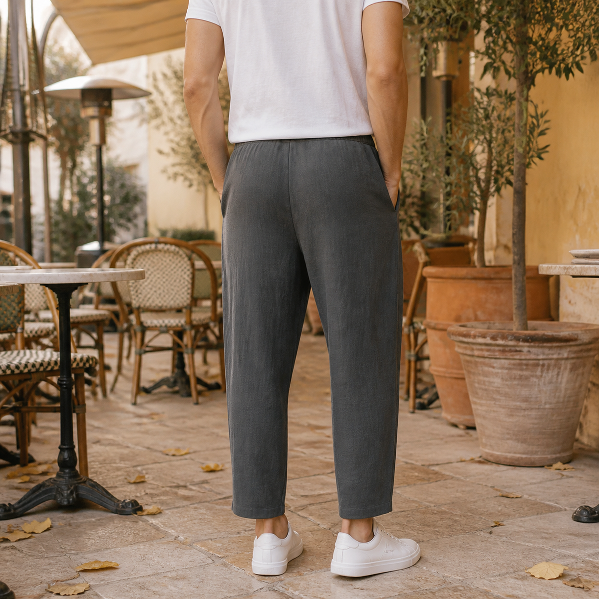 Linen Blend Tapered Cropped Pants with Adjustable Drawstring Waist for Men