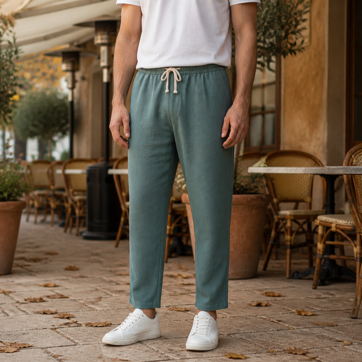 Linen Blend Tapered Cropped Pants with Adjustable Drawstring Waist for Men