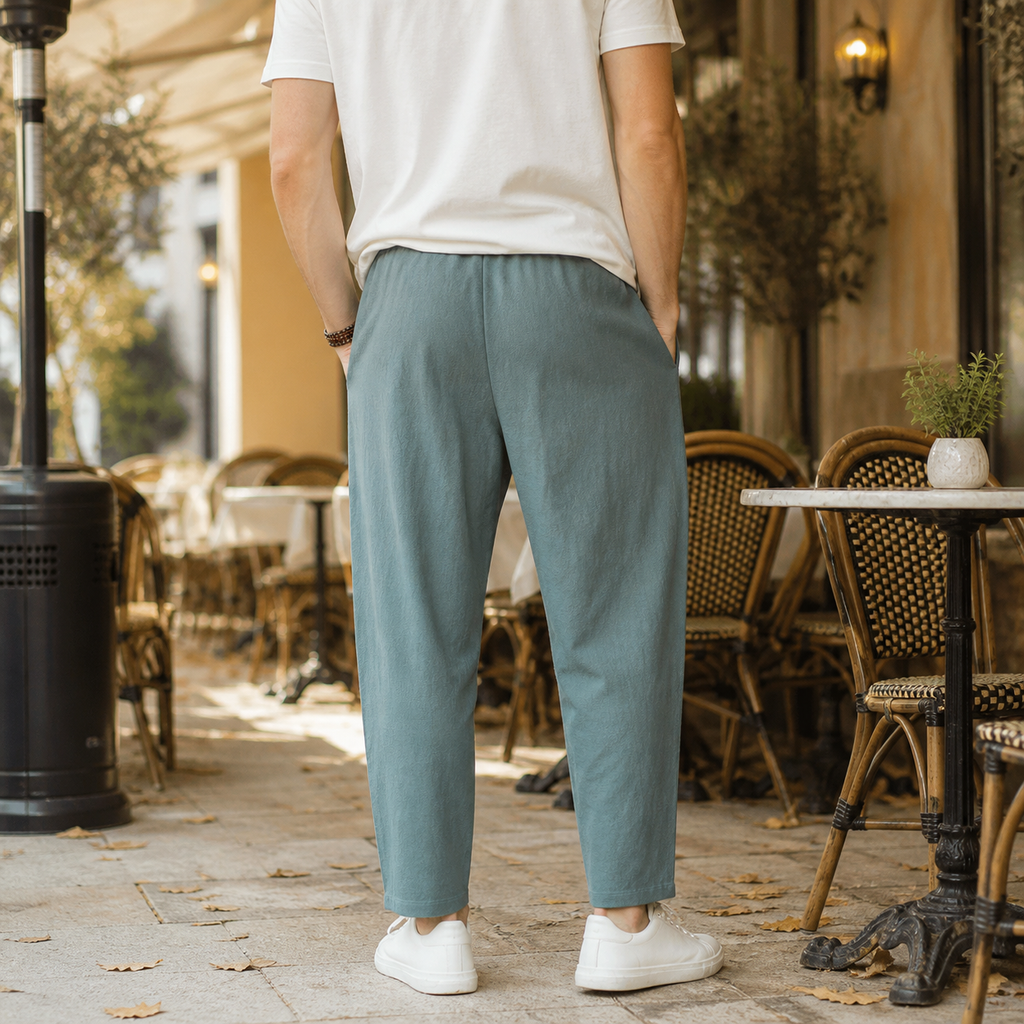 Linen Blend Tapered Cropped Pants with Adjustable Drawstring Waist for Men