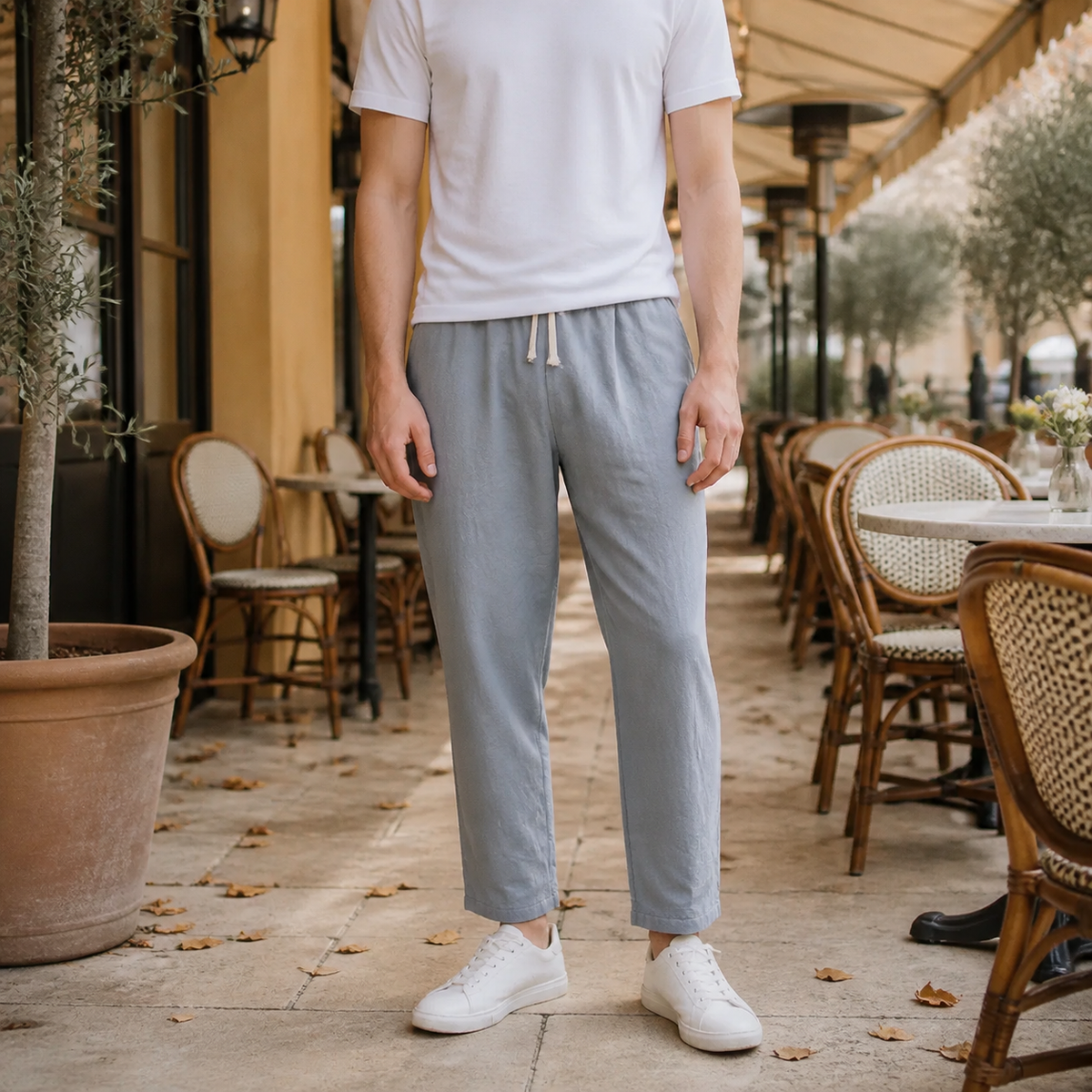 Linen Blend Tapered Cropped Pants with Adjustable Drawstring Waist for Men