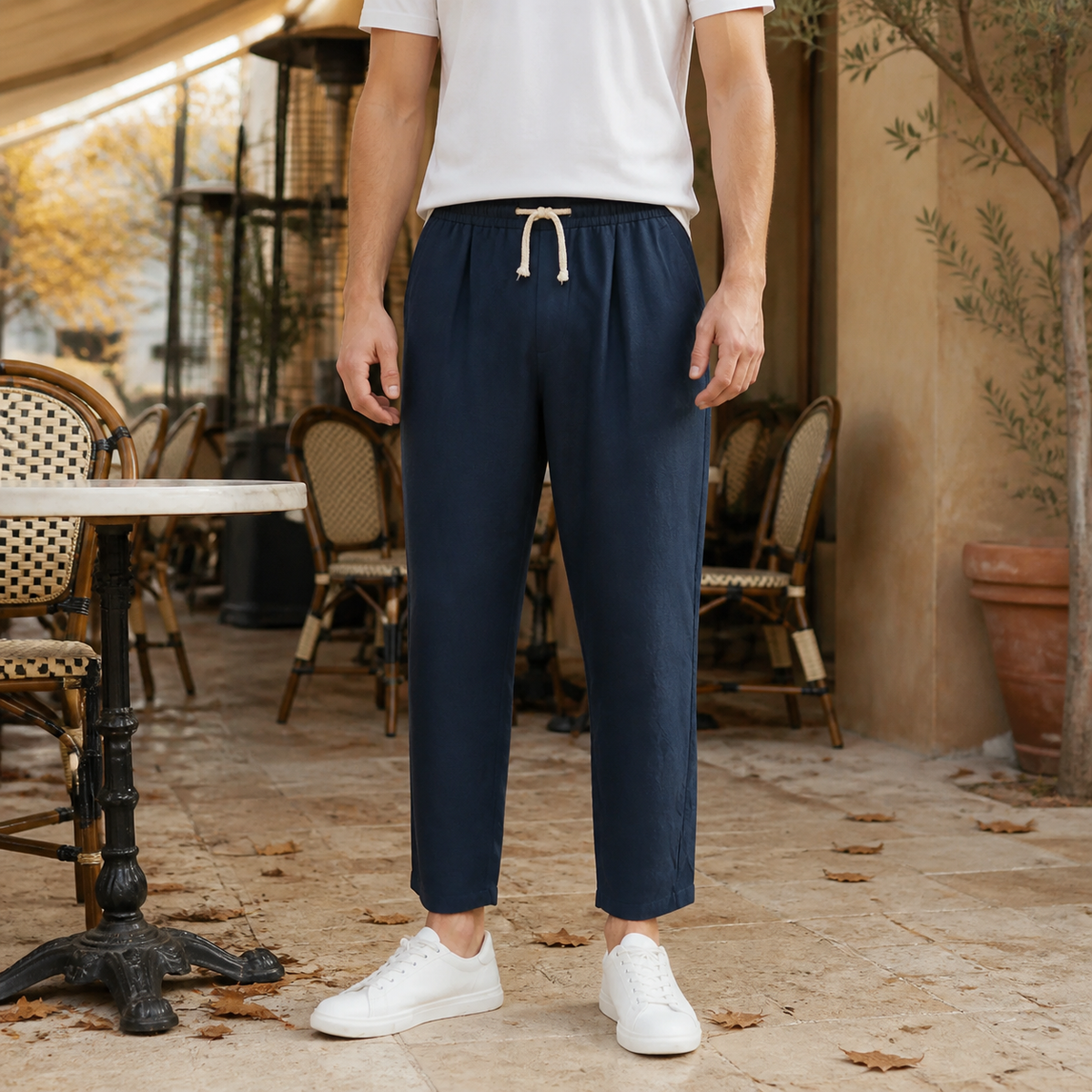 Linen Blend Tapered Cropped Pants with Adjustable Drawstring Waist for Men