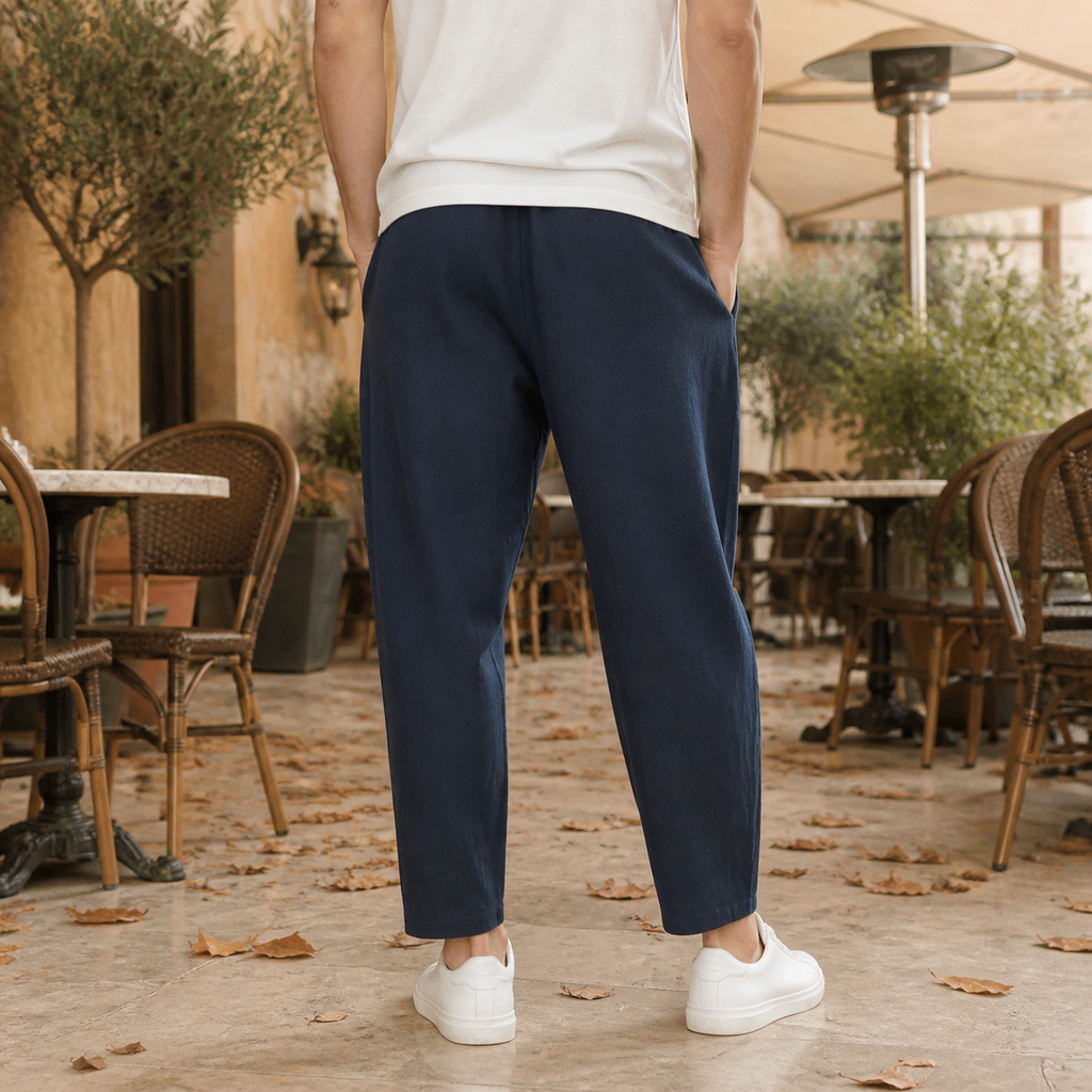Linen Blend Tapered Cropped Pants with Adjustable Drawstring Waist for Men