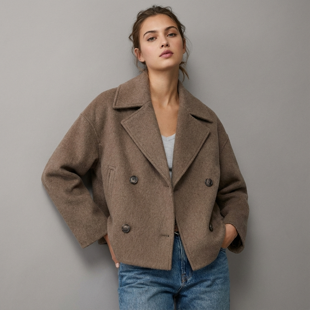 Short Double Breasted Straight Fit Coat for Women | Lapel Collar Long Sleeve