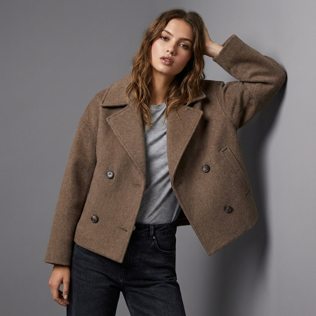 Short Double Breasted Straight Fit Coat for Women | Lapel Collar Long Sleeve