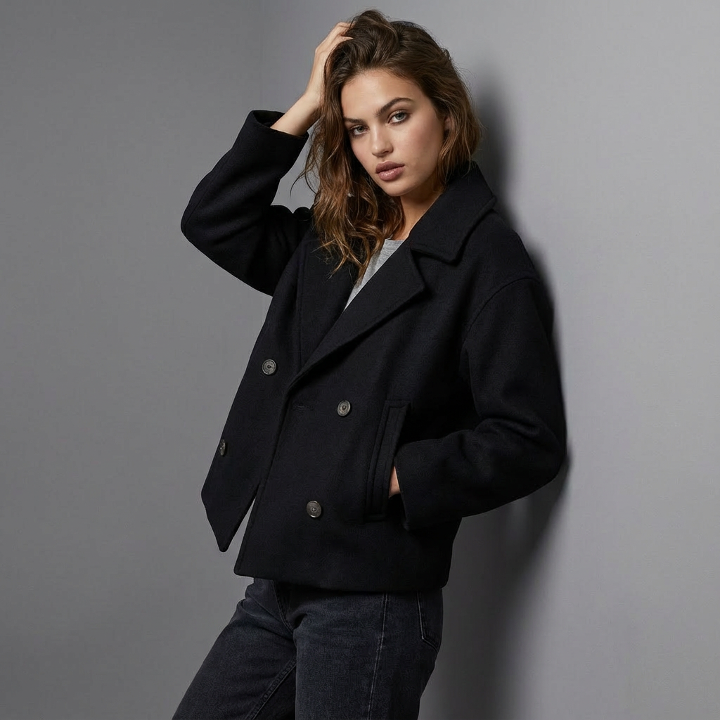 Short Double Breasted Straight Fit Coat for Women | Lapel Collar Long Sleeve