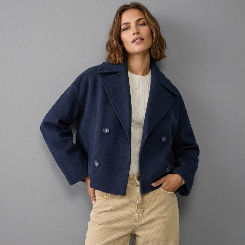 Short Double Breasted Straight Fit Coat for Women | Lapel Collar Long Sleeve