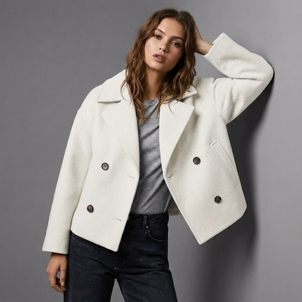 Short Double Breasted Straight Fit Coat for Women | Lapel Collar Long Sleeve