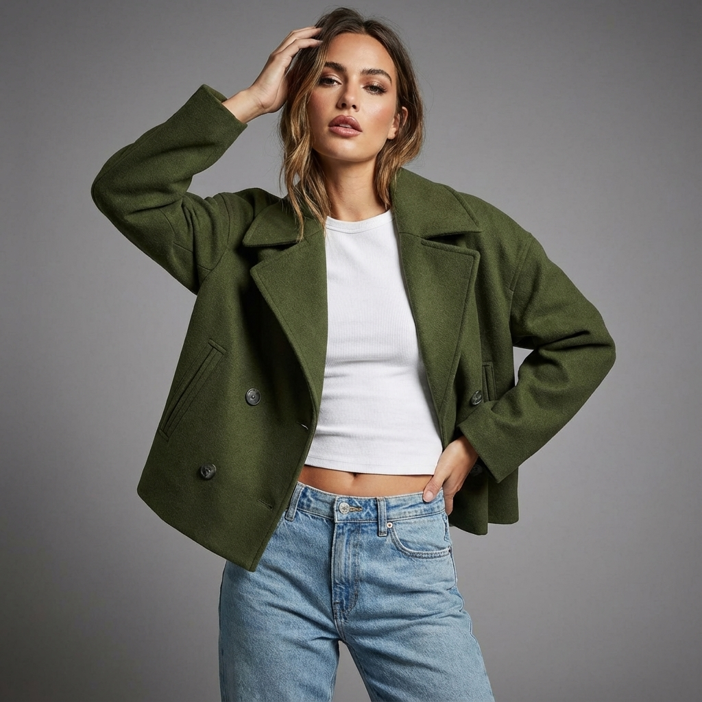 Short Double Breasted Straight Fit Coat for Women | Lapel Collar Long Sleeve