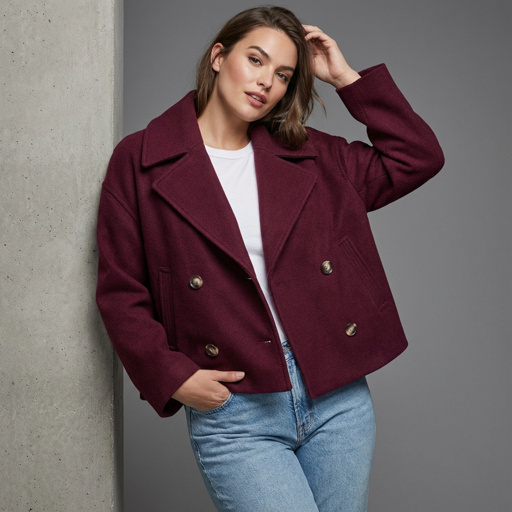 Short Double Breasted Straight Fit Coat for Women | Lapel Collar Long Sleeve