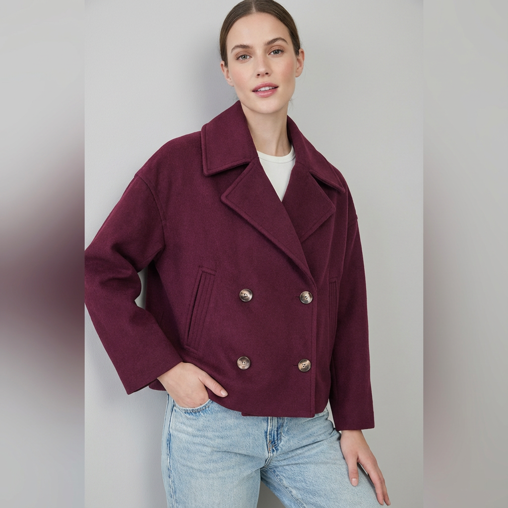 Short Double Breasted Straight Fit Coat for Women | Lapel Collar Long Sleeve