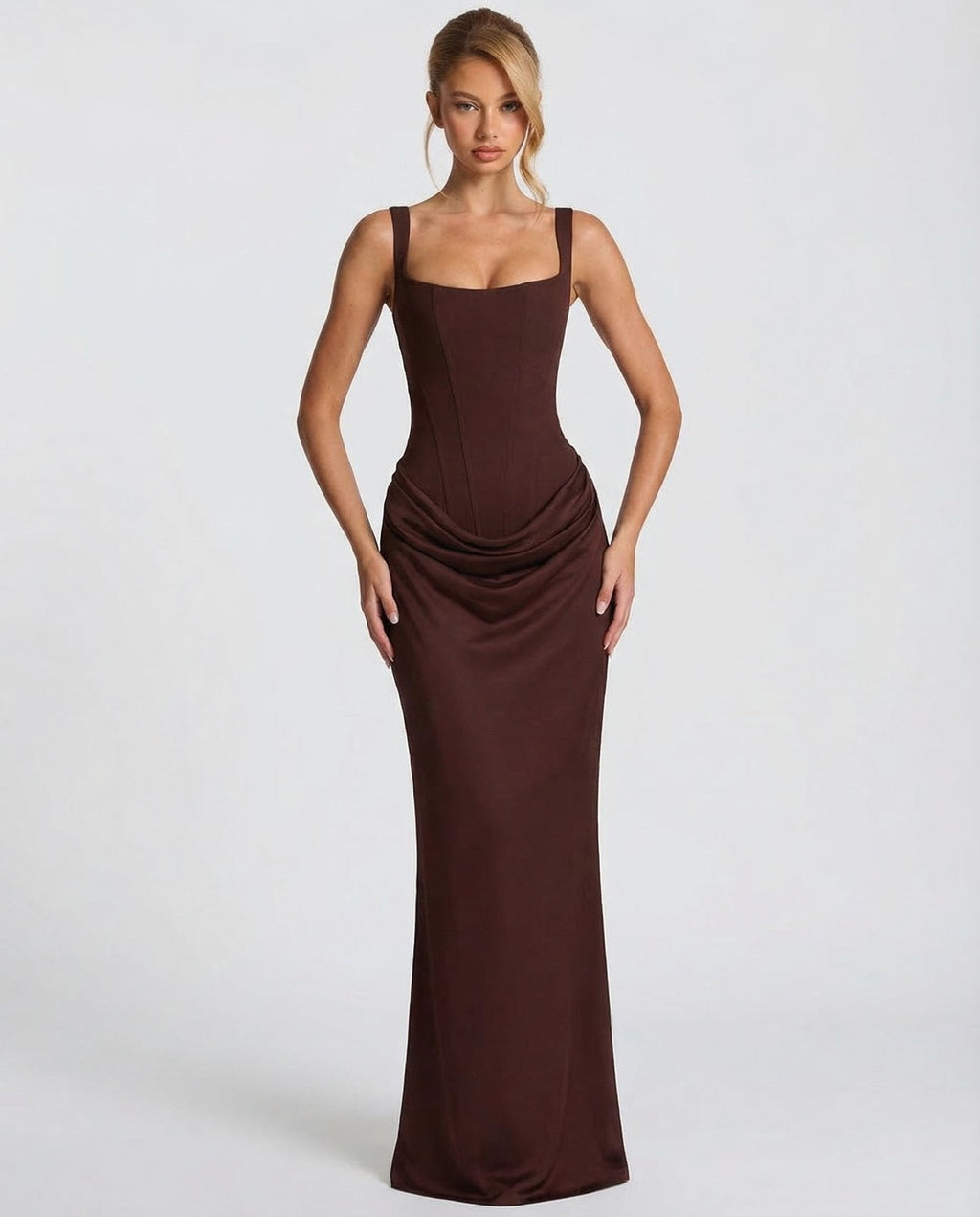 Draped Corset Maxi Dress for Women | Sleeveless Evening Occasion Style