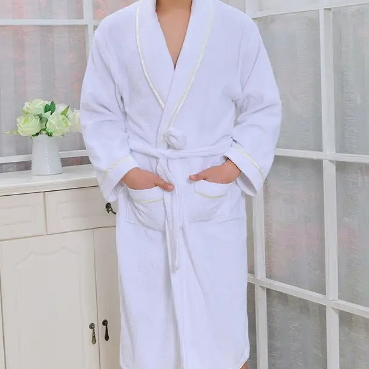 Cotton Waffle Weave Belted Bathrobe for Men | Lightweight Home Loungewear