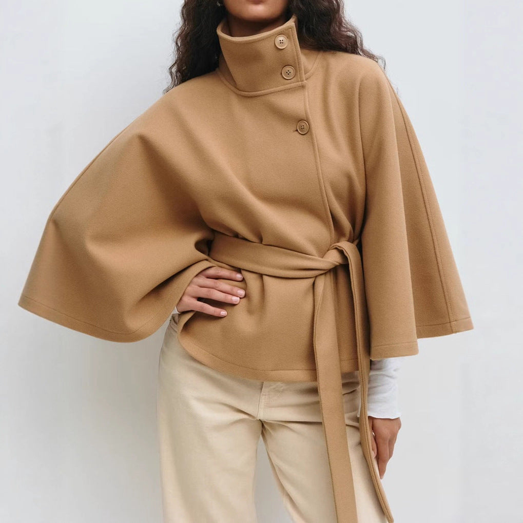 Wool Cape with Belt and Stand Collar Outerwear for Women | Cold Weather