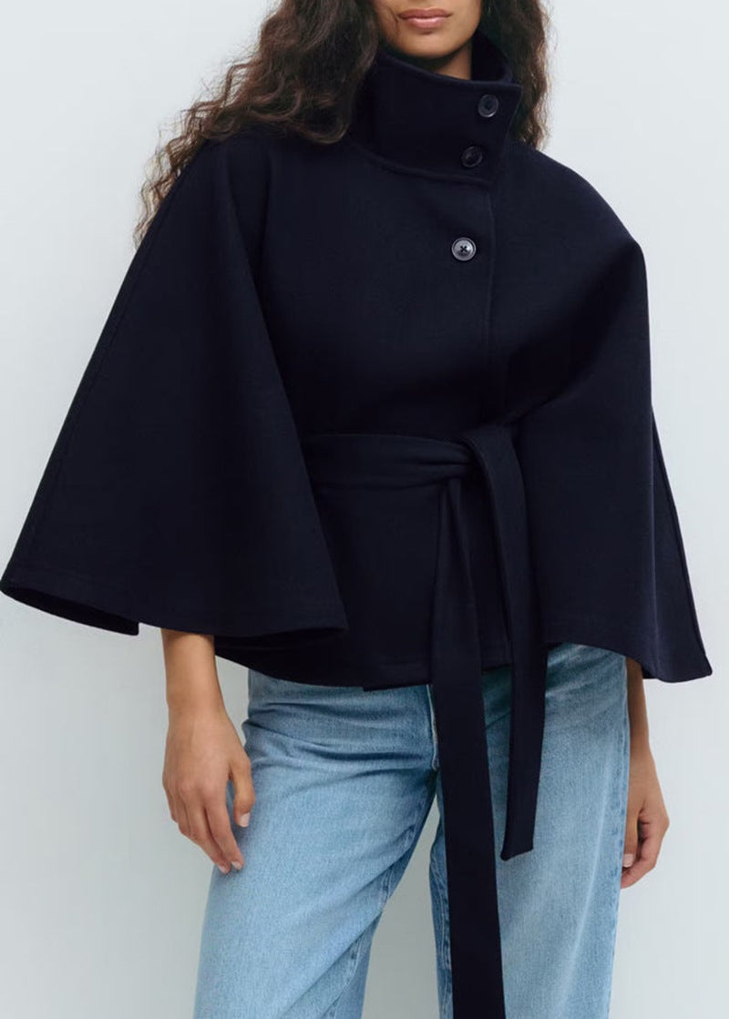 Wool Cape with Belt and Stand Collar Outerwear for Women | Cold Weather