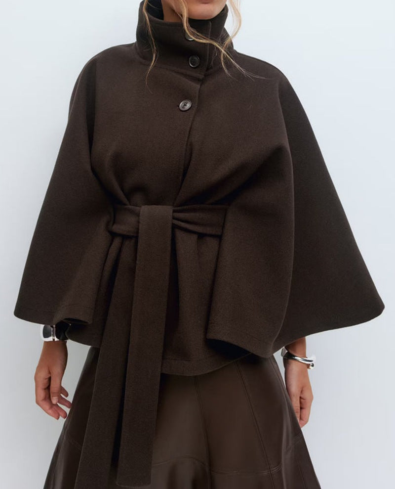 Wool Cape with Belt and Stand Collar Outerwear for Women | Cold Weather