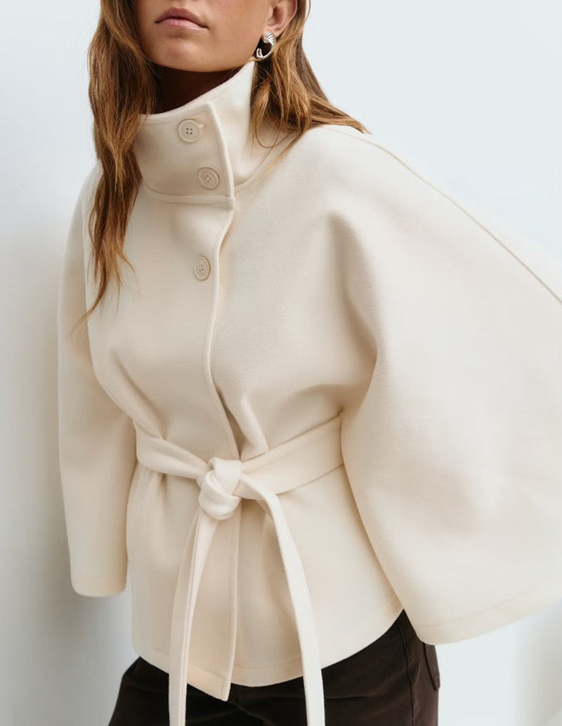 Wool Cape with Belt and Stand Collar Outerwear for Women | Cold Weather