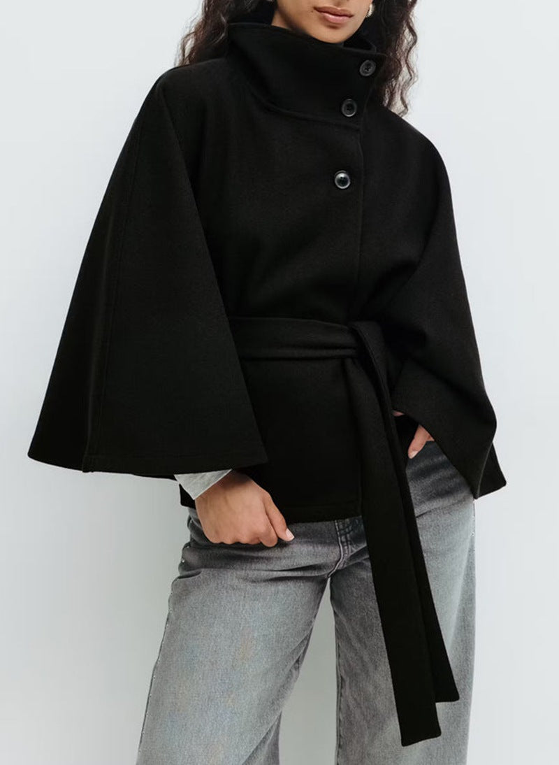 Wool Cape with Belt and Stand Collar Outerwear for Women | Cold Weather