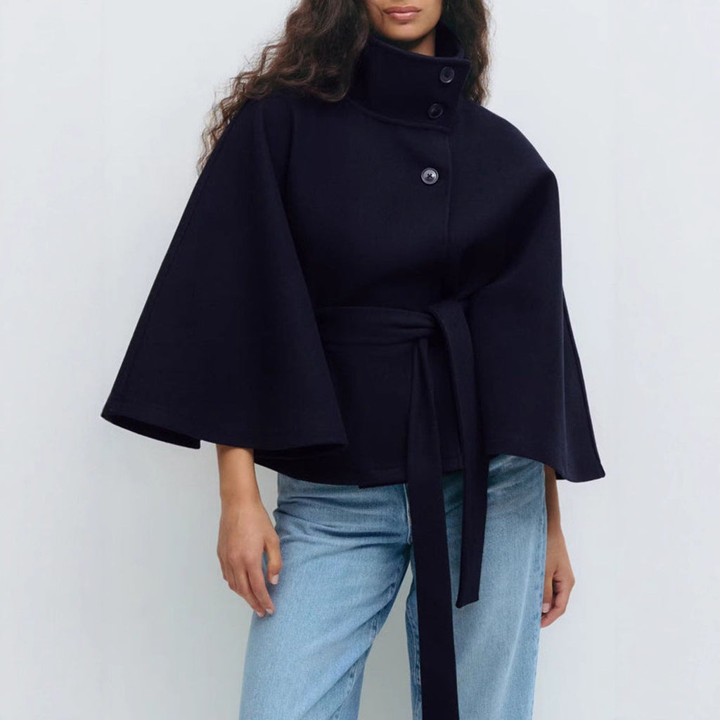 Wool Cape with Belt and Stand Collar Outerwear for Women | Cold Weather