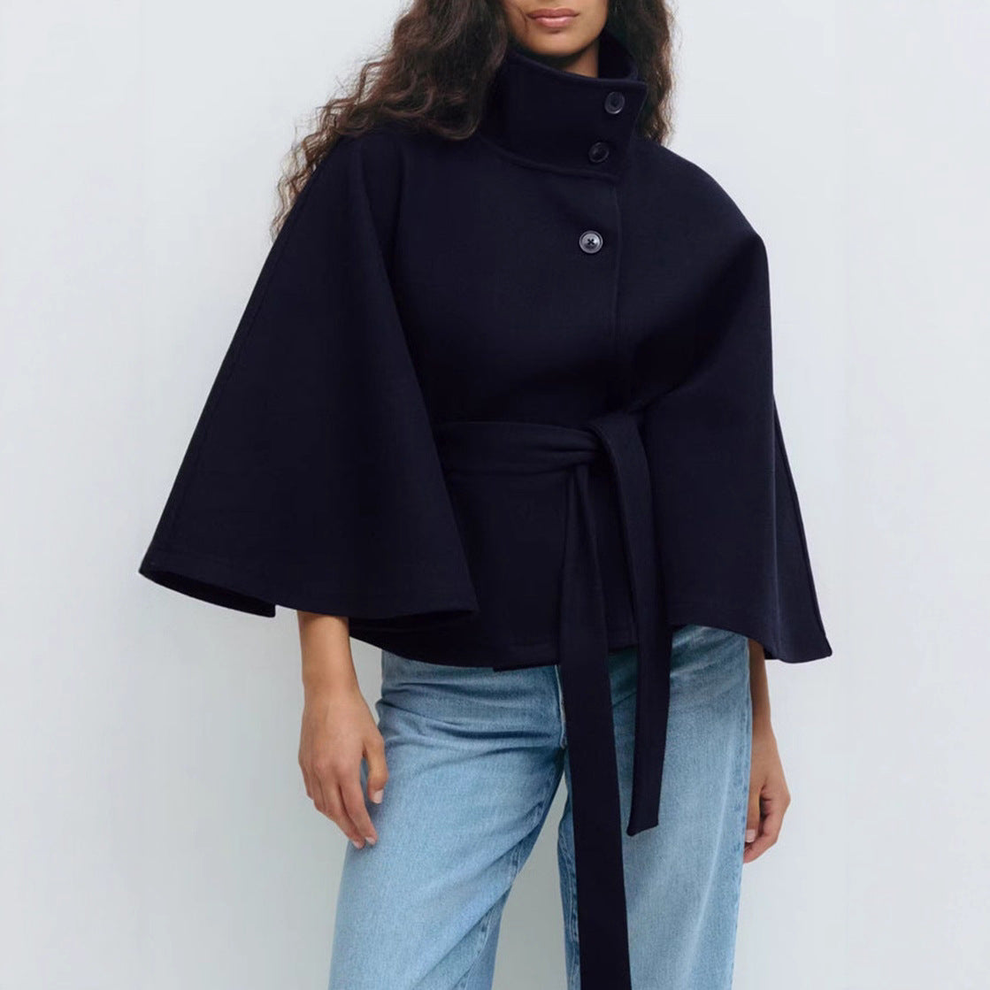 Wool Cape with Belt and Stand Collar Outerwear for Women | Cold Weather