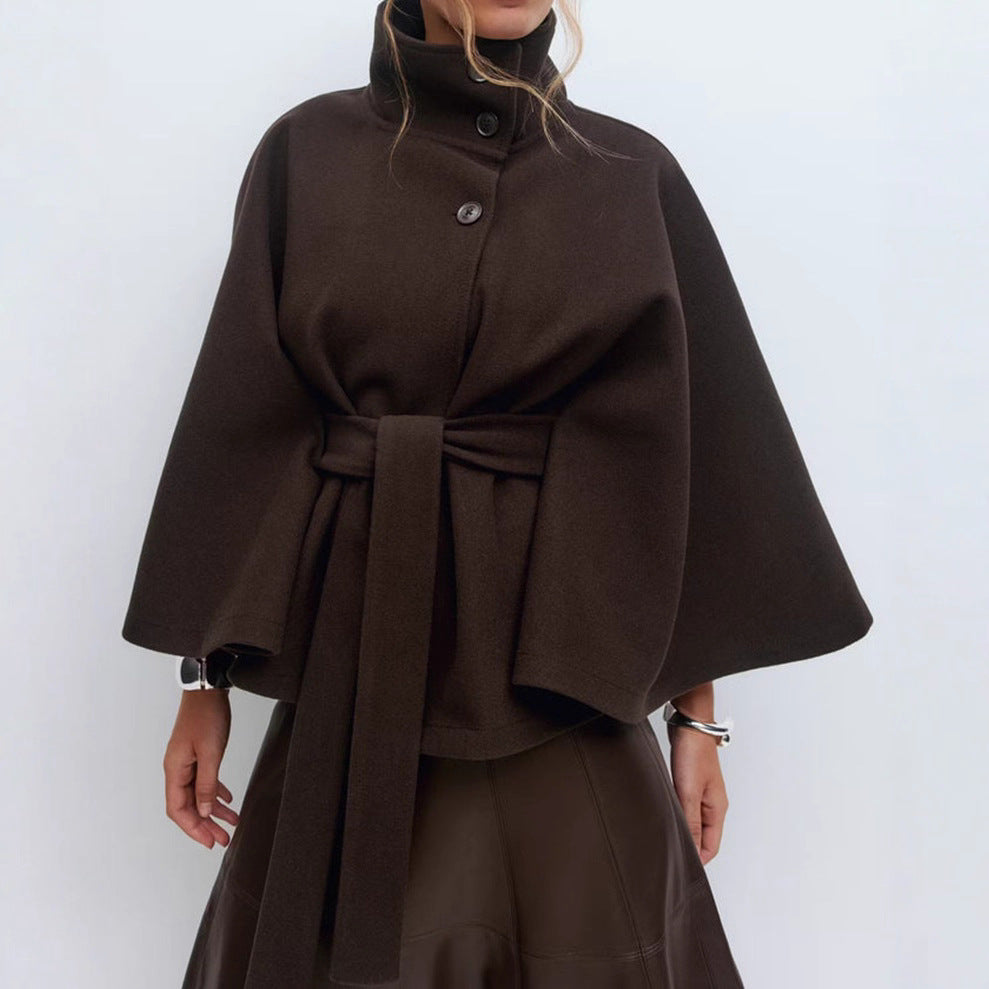 Wool Cape with Belt and Stand Collar Outerwear for Women | Cold Weather