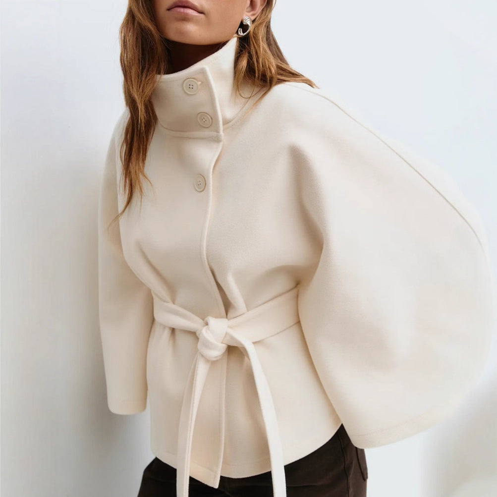 Wool Cape with Belt and Stand Collar Outerwear for Women | Cold Weather