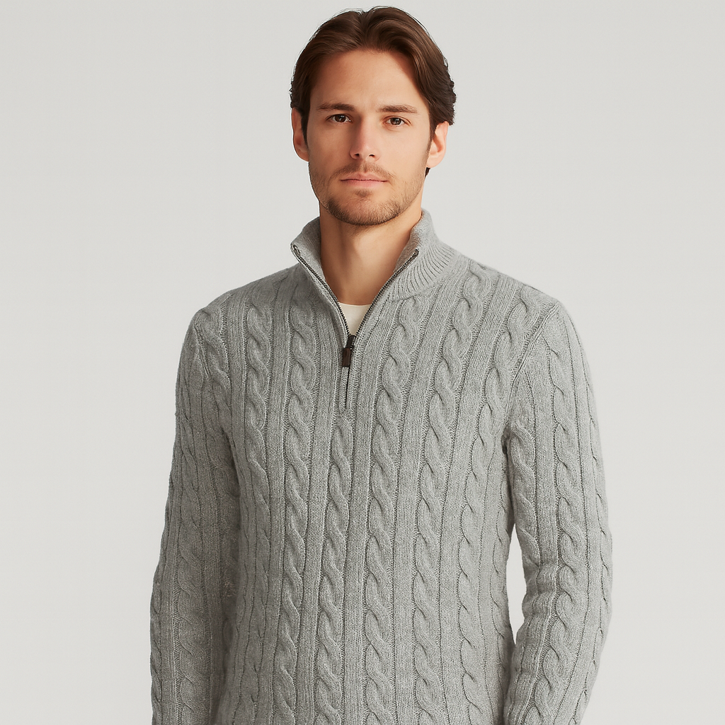 Men's Sweater | Half-Zip Design with High Collar and Ribbed Cuffs