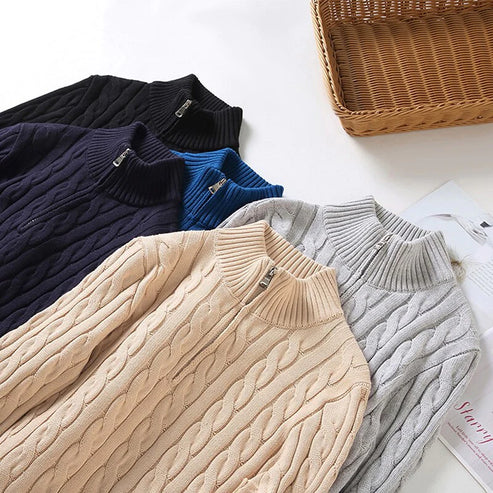 Men's Sweater | Half-Zip Design with High Collar and Ribbed Cuffs