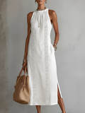 Lace Panel Relaxed Fit Midi Summer Dress with Side Slits and Pockets for Women