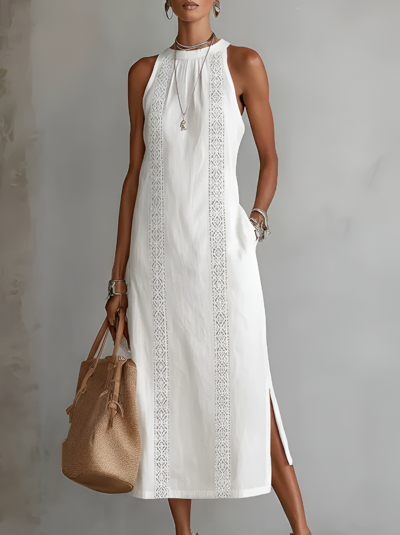 Lace Panel Relaxed Fit Midi Summer Dress with Side Slits and Pockets for Women