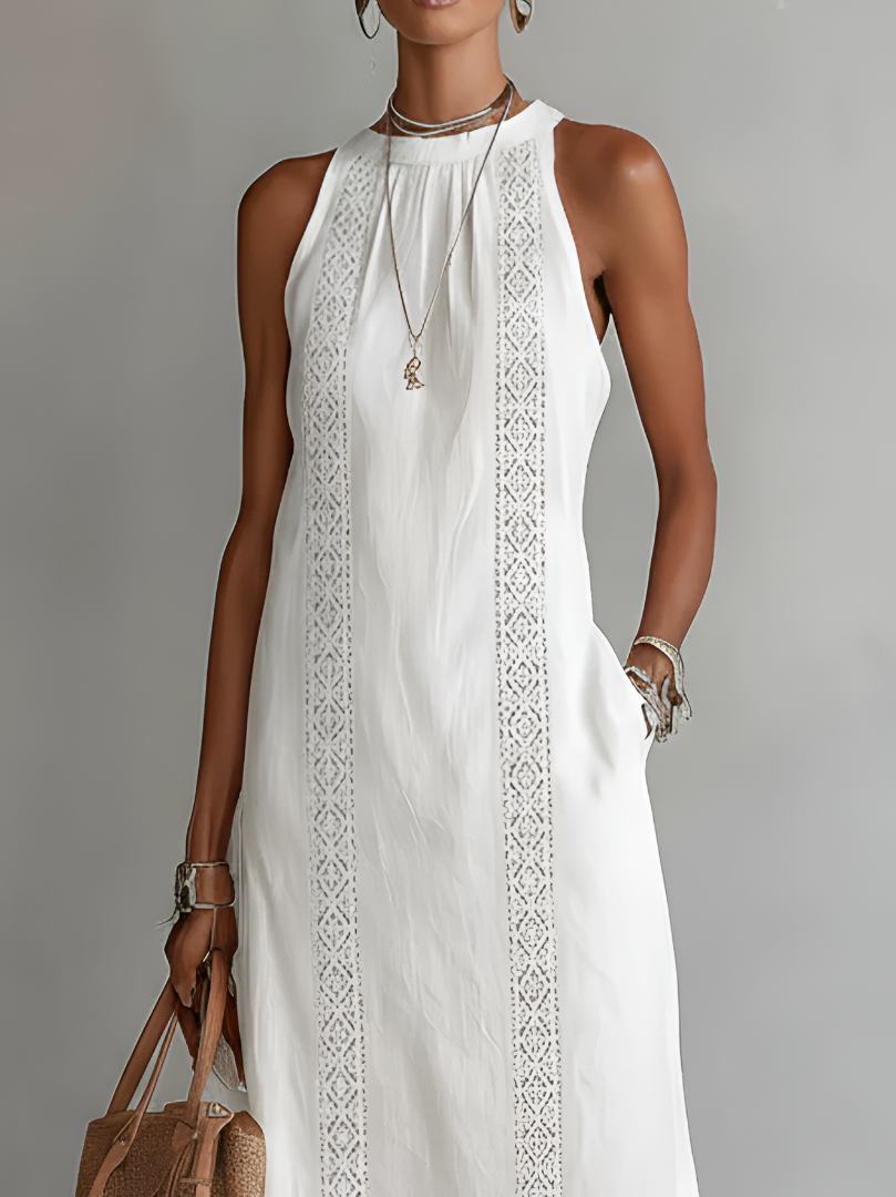 Lace Panel Relaxed Fit Midi Summer Dress with Side Slits and Pockets for Women