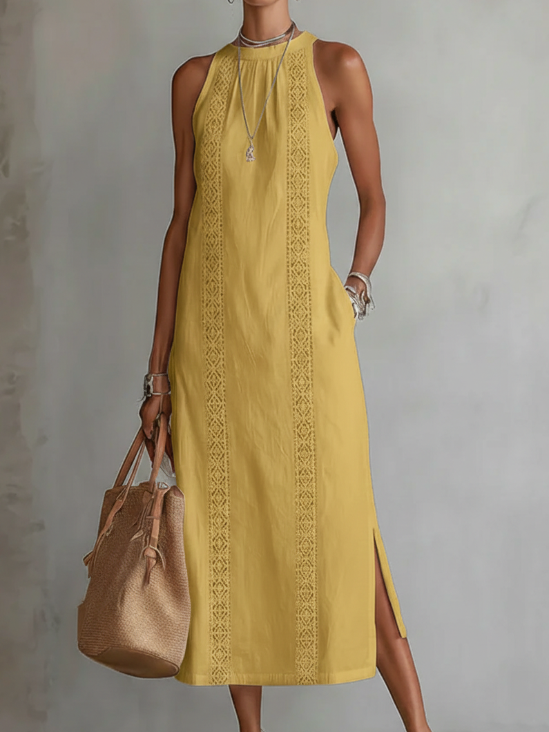 Lace Panel Relaxed Fit Midi Summer Dress with Side Slits and Pockets for Women