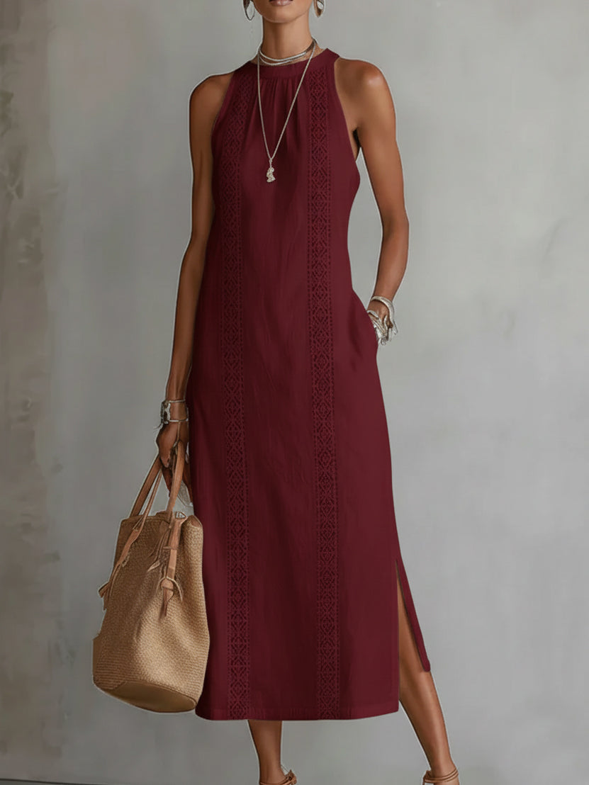 Lace Panel Relaxed Fit Midi Summer Dress with Side Slits and Pockets for Women
